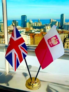 UNION JACK and POLAND CREST TABLE FLAG SET 2 flags plus BASE 26cm tall - Picture 1 of 1