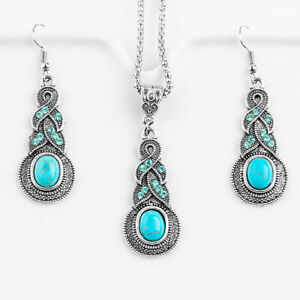 Cute New Tibetan Silver Elongated Oval Turquoise Pendant Necklace & Earring Set