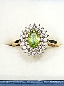 Natural Arizona Peridot & White Zircon double halo ring in 14k YG over 925 sz 7 - Picture 1 of 5
