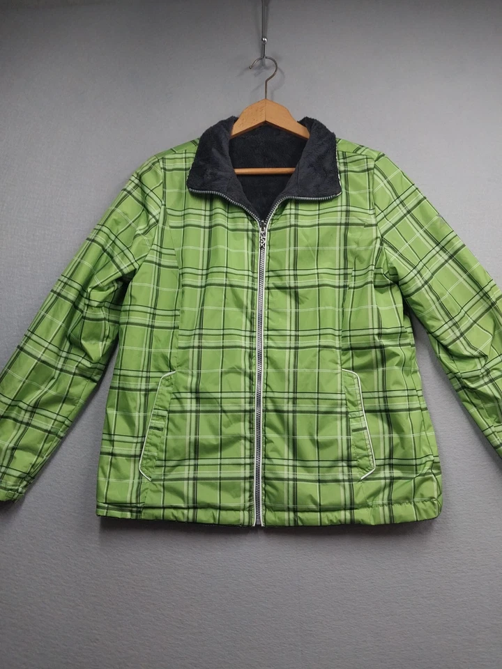 Abrigo de lluvia a cuadros verde ZeroXposur para mujer talla grande reversible gris chaqueta polar Foto 1 de 4