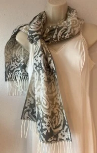 CASHMERE 100% Scarf 62/12 White grey, tan MADE IN GERMANY Whimiscal Pattern - Picture 1 of 13