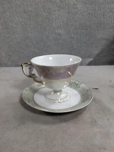 VINTAGE TEA CUP & SAUCER GOLD PURPLE GREEN FLOWERS DESIGN IRIDESCENT  - Picture 1 of 8