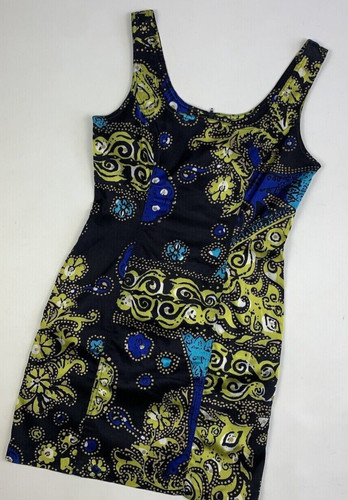 Moschino Jeans Mini Abito Tank Italiano Nero Blu Lime Tg IT44 USA 10