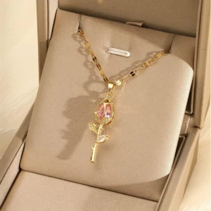 Womens Necklace Pink Rose Flower Pendant Gold Plated Stainless Steel Jewelry - Picture 1 of 4