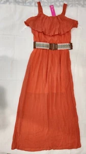 BCX Girls Size 12/14 Orange Gauze Long Maxi Dress Lined Removable Belt NWT - Picture 1 of 9