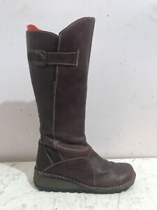 FLY LONDON GENUINE LEATHER CALF HIGH BURGUNDY SIZE 6 WEDGE BOOTS SHOES
