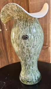 Jarrón de vidrio escultura arte mármol verde oliva hecho a mano Jozefina Krosno Polonia 14" - Imagen 1 de 4