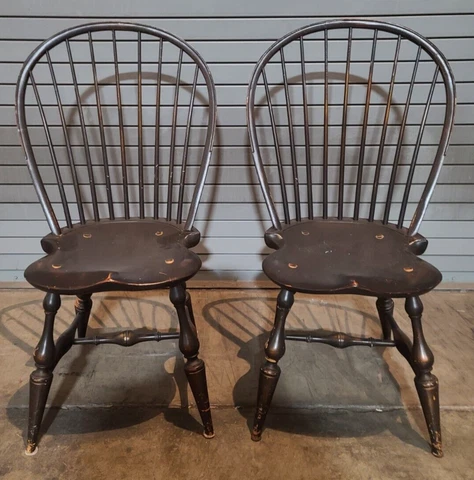 Pair of D.R. Dimes Bow Back Windsor Chairs Bench Made Black Crackle Finish Cover
