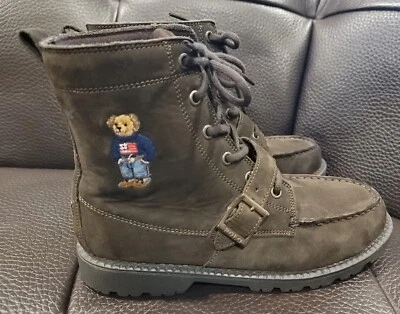 Botas Polo Ralph Lauren Meninos 6 Urso Couro Marrom Ranger Camurça Alta Sapatos Juvenis - Imagem 1 de 4