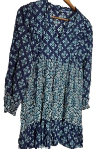 Blau Regen türkis blau Boho Langarm Tunika Mini Bauern Quasten Landhaus Falten - Bild 1 von 7