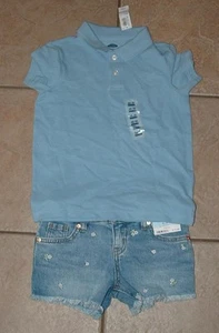 NEW Girl Sz XS 4/5 Embroidered Denim Cut Off Shorts & Blue Polo Shirt CAT & JACK - Picture 1 of 4