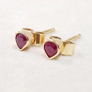 18k Solid Yellow Gold Ruby Heart Stud Earring, Tiny Studs Earring JulyBirthstone - Picture 1 of 4