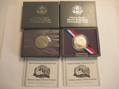 TWO 1991 US Clad half dollars, Mt Rushmore 1 proof & 1 unc, US Mint boxes & COAs - Image 1 of 4