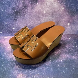 Tory Burch Ines Wedge Platform Slide Sandals Cognac Brown Tan Leather Sz 5M - Picture 1 of 8