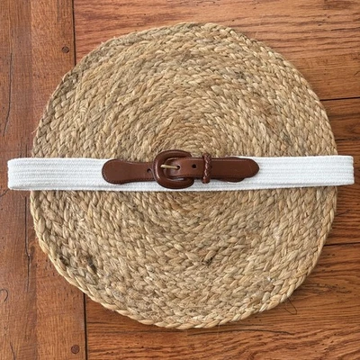 Talbots Women's Belt Medium 1” White Woven Elastic Leather Buckle Tip EUC - Image 1 of 4