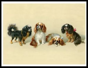 CAVALIER KING CHARLES SPANIEL GROUP VINTAGE STYLE A4 SIZE DOG ART PRINT POSTER - Foto 1 di 1