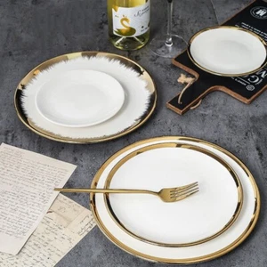 Luxury Nordic Gold Rim Tableware Western Steak Fruit Porcelain Plate Dishes - Picture 1 of 7