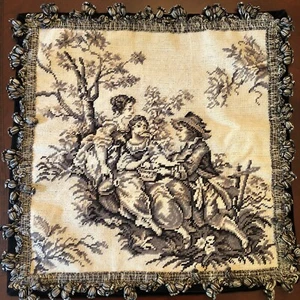 Aubusson Style Needlepoint Pillow Cover Toile Black Romantic Victorian Couple - Picture 1 of 8