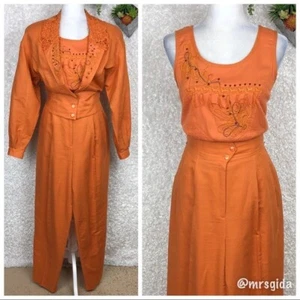 3 Piece Outfit Orange Embellished High Waist Pant Set Vintage 80s/90s Size 10 - Picture 1 of 12