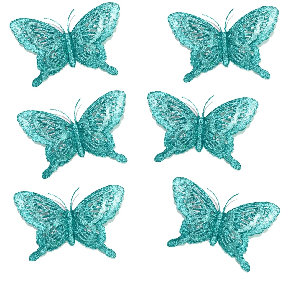 ROCKING PARTY Pack of 6 Luxury Christmas Tree Glitter 3D Butterfly / Butterflies Decorations