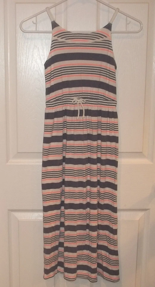 Niñas CHEROKEE~VESTIDO MAXI SOL GRIS MELOCOTÓN~TALLA 7 8 Mediano~NUEVO~vestido de sol a rayas LARGO Foto 1 de 4