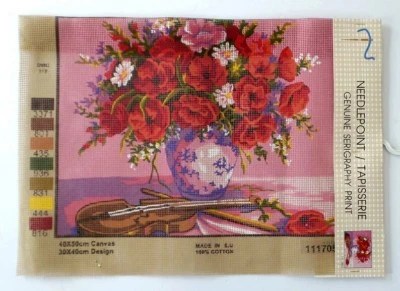 Grafitec NEEDLEPOINT CANVAS Print ROSES In VASE VIOLIN Serigraphy 100% Cotton  - Image 1 of 4