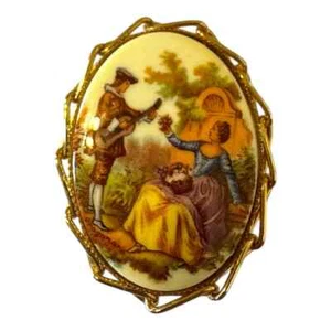 Spilla spilla vintage scena dipinta cammeo tono oro firmata Fragonard Serenata amore - Foto 1 di 5