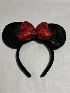 DISNEY MICKEY MINNIE MOUSE BLACK & RED SEQUIN HEADBAND MOUSE EARS & BOW - Picture 1 of 7