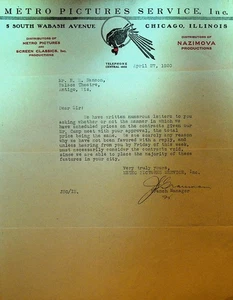 Metro Pictures Letterhead April 27 1920 Admission Prices per Contract - Picture 1 of 1