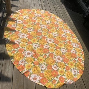 Vtg Cotton Tablecloth Orange Yellow Oval Flowers MCM Floral - Picture 1 of 4