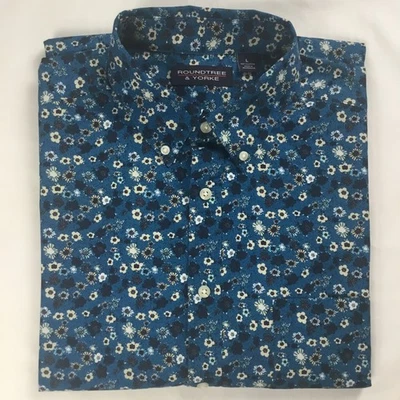 Roundtree Yorke Mens Shirt Large Blue Floral Short Sleeve Button Up Daily Casual - Image 1 of 4