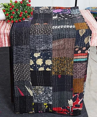 Vintage Black Color Kantha Quilt Silk Patchwork Handmade Bedspread Blanket Throw - Image 1 of 4