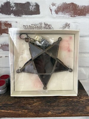 Pier 1 Amber Moroccan Star Lantern Candle Holder Leaded Glass 8” w/ Tea Lights - Image 1 of 4