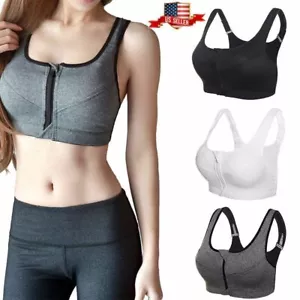 Plain Zipper Women Front Closure Sports Bra Racerback Yoga Gym Bra Size S-XL - Picture 1 of 26