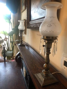 Pair of (2) nickel astral lamps / crystals / wheel-cut glass globes / vintage - Picture 1 of 12