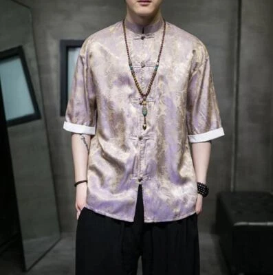 New Summer Men's Chinese Style Shirts embroidery Tang Suit buckle Tops Han Fu - Image 1 of 4