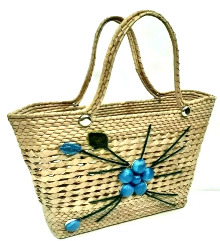 Straw Beach Picnic Reusable Shopping Tote Bag Weaved Blue Flower Artsy Cover