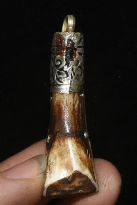 4.5CM Rare Old Collection Tibetan Silver Inlay Bone Exorcize Amulet Pendant - Image 1 of 4