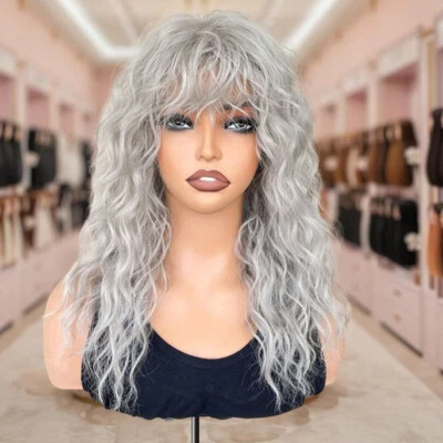 Парики машинного изготовления серые серебристые кудрявые 100% человеческие волосы парики с челкой кудрявые парики - Изображение 1 из 4