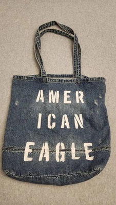 American Eagle Outfitters Denim Tote Bag Blue Distressed Logo Shoulder Shopper - Image 1 of 4