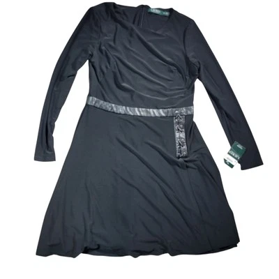 RALPH LAUREN Dress Womens 12P Petite Black Long Sl Knee Length Faux Leather Tags - Image 1 of 4