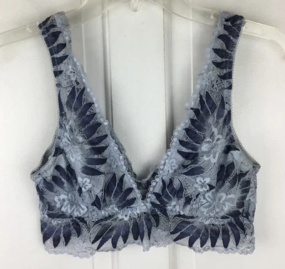 Aerie Blue Floral Lace V-Neck & V-Back Bralette Bra Size M Boho Crop - Image 1 of 4