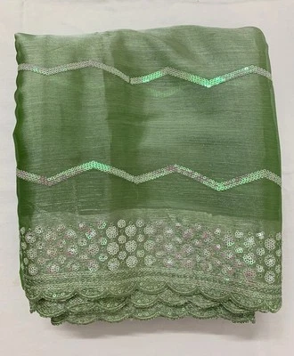 Pastel Green Sequin Embroidery Saree partywear Wedding Bollywood Sari - Image 1 of 4