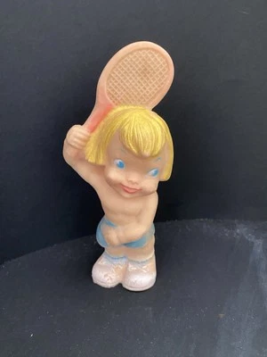 Baby World Rubber Toy Boy Playing Tennis squeeze toy has Wear Rare HTF Vintage - Image 1 of 4