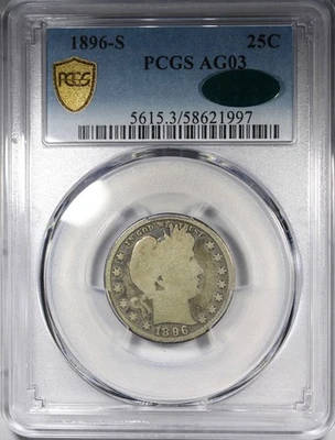 1896-S Barber Quarter PCGS AG3 CAC Circulated Key Date 25C - Image 1 of 4