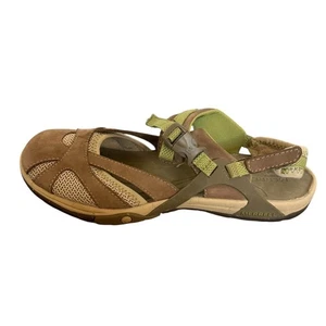 Merrell Leather Mary Jane Shoes J24504 Otter Mules Sandals Size 10 Green Beige - Picture 1 of 8
