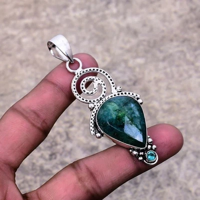 Emerald, Green Topaz Gemstone Handmade 925 Sterling Silver Pendant 2.65" n368 - Image 1 of 3