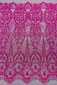 Damask Sequins Fabric - Hot Pink IR Shiny Sequin Design on 4 Way Stretch By Yard - Picture 1 of 5