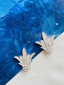 Christian Dior Vintage Fleur De Lis Crystals Lily Flower Leaf Earrings, Silver - Picture 1 of 11