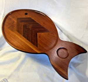 Rare Teak Wood Tray Inlaid Fish Marquetry Intarsia Style MCM Danish Modern 1960s - Picture 1 of 15